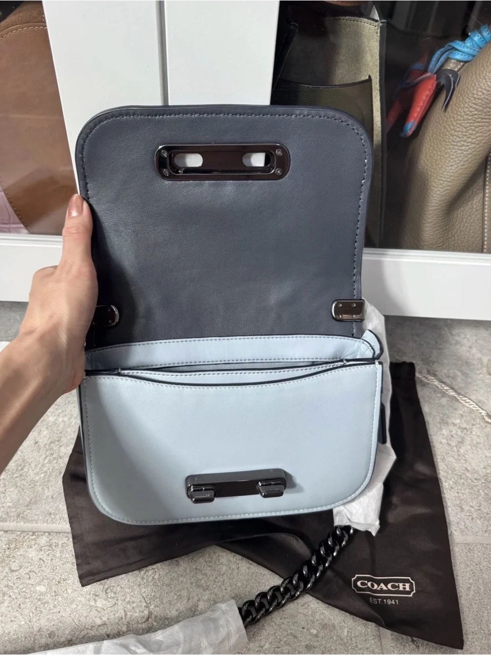 Coach Pale Blue Floral Leather Crossbody with Gunmetal Chain - Picture 9 of 13